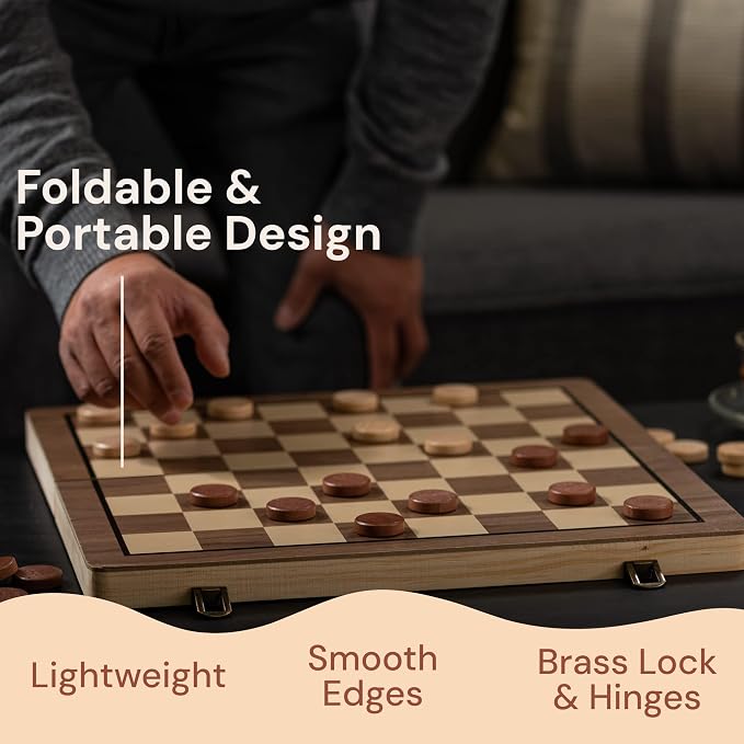 PlayVibe Wooden Chess Set 15'' & Checkers Board Games - Image 6