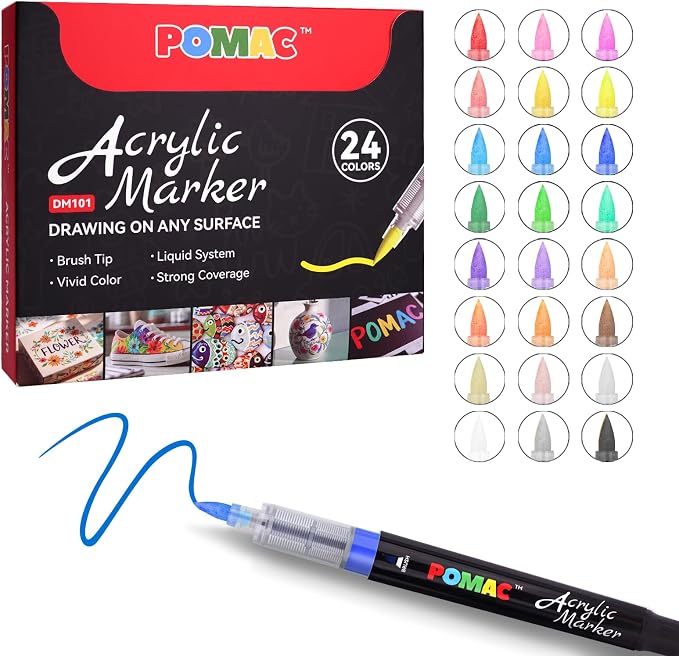 POMAC Liquid Acrylic Paint Markers 24 Colors, Waterproof Paint Marker Pens by POMAC