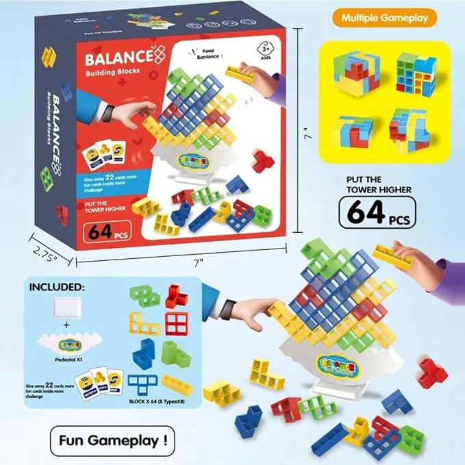 64 Pcs Tetra Tower Stack Game, Team Tower Tumble Giant Stacking Game, Balance - Image 6