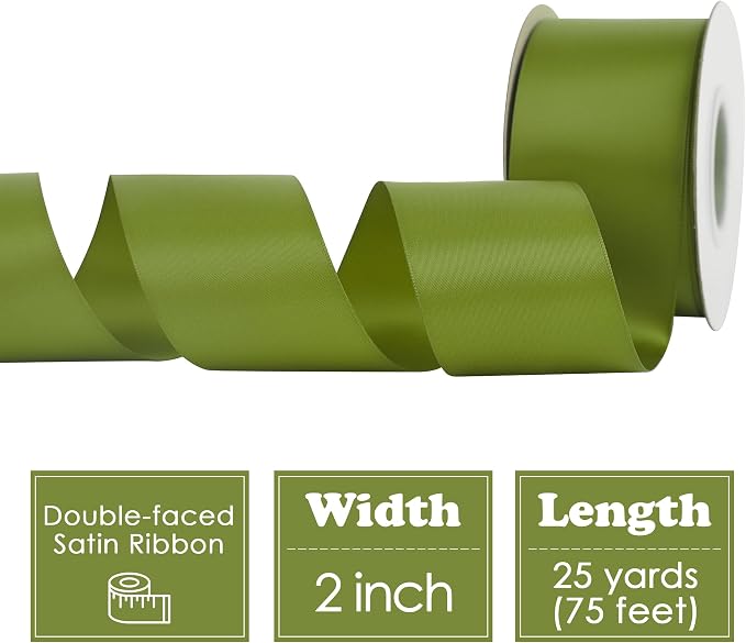 HUIHUANG Olive Green Ribbon 2 inch Wide Double Faced Satin Ribbon Green Ribbon - Image 2