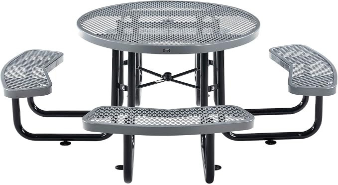 Global Industrial 46" Round Picnic Table, Expanded Metal, Attached Benches - Image 3