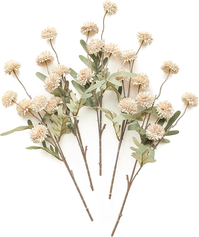 Floroom 5pcs Beige Faux Silk Mums Artificial Flowers, Bulk Fake Small Mini by Floroom