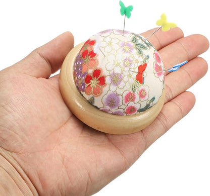 HARFINGTON Pin Cushion Wooden Base Japanese Style Round Pincushion Needle Holder - Image 5
