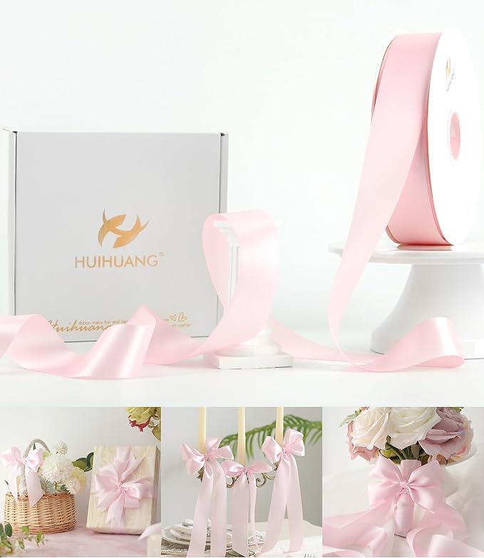 HUIHUANG Pink Satin Ribbon 1-1/2 inch x 100 Yards Light Pink Double-Faced Satin by HUIHUANG