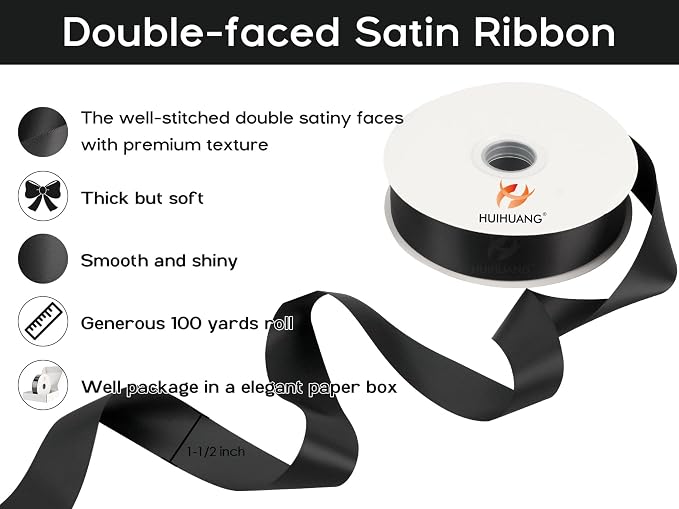HUIHUANG Black Satin Ribbon 1-1/2 inch x 100 Yards Double-Faced Satin Ribbon - Image 2