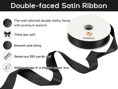 HUIHUANG Black Satin Ribbon 1-1/2 inch x 100 Yards Double-Faced Satin Ribbon - Image 2