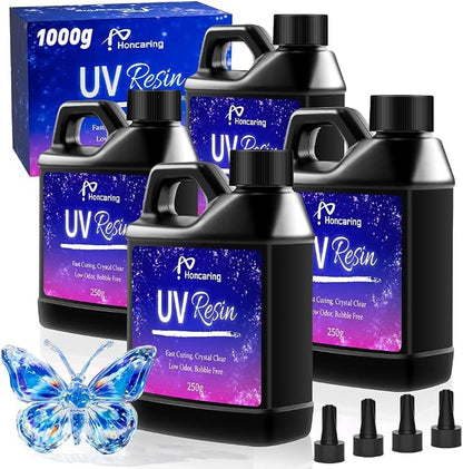 UV Resin 1000g, Hard Type Clear Beginner-Friendly Kit, Upgraded Formula & by Honcaring