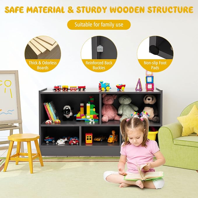KOTEK Toy Storage Organizer, 5 Cubby Kids Bookshelf, Wooden 3-Tier Bookcase - Image 6