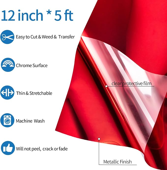 VINYL FROG Metallic Foil HTV Vinyl Roll 12" x5ft Red Heat Transfer Vinyl Chrome - Image 2