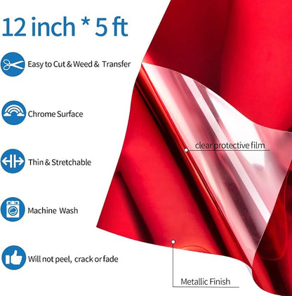 VINYL FROG Metallic Foil HTV Vinyl Roll 12" x5ft Red Heat Transfer Vinyl Chrome - Image 2