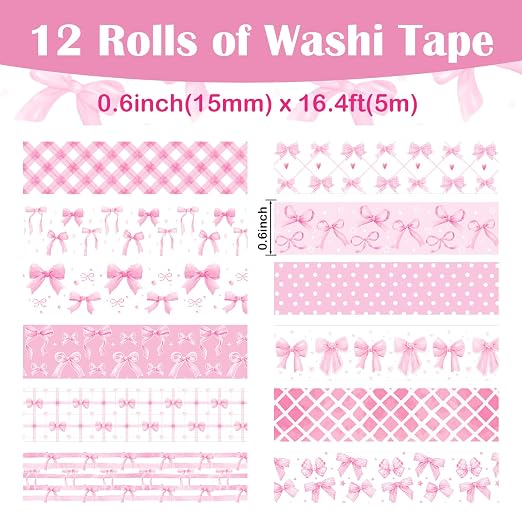 12 Rolls Pink Bow Washi Tape, Bowknot Plaid Adhesive Masking Tapes Decorative - Image 2
