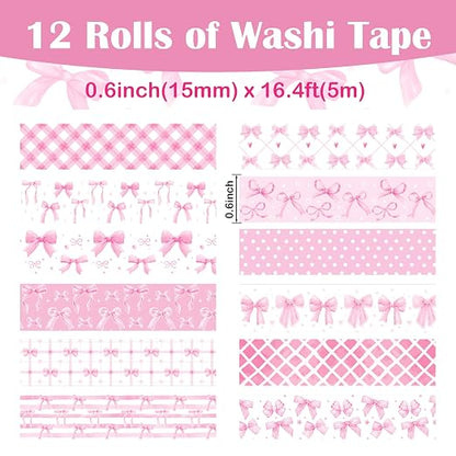 12 Rolls Pink Bow Washi Tape, Bowknot Plaid Adhesive Masking Tapes Decorative - Image 2