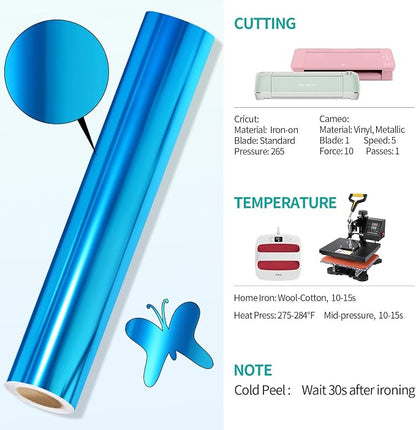 VINYL FROG Metallic Foil HTV Vinyl Roll 12" x5ft Blue Heat Transfer Vinyl - Image 8
