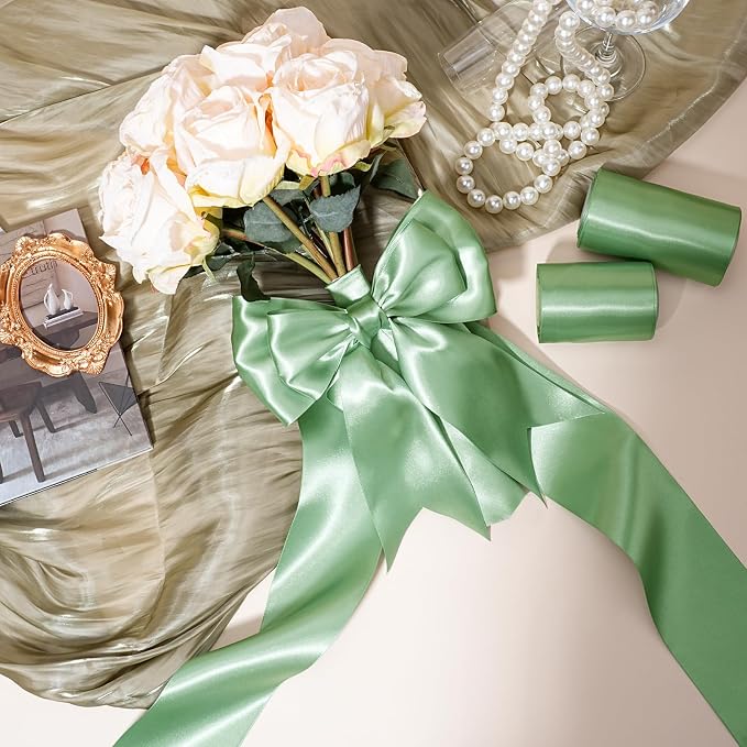 LaRibbons Sage Green Satin Ribbon 3 Inch 10 Yards Double Faced Luxury Light - Image 2
