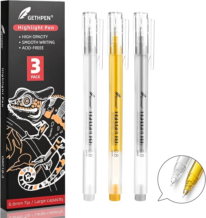 0.8mm Extra Fine Point 3 Colors Gel Pen Set White, Bullet Journaling & Holiday by GETHPEN