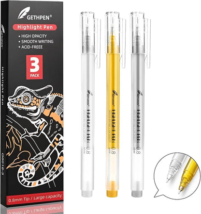0.8mm Extra Fine Point 3 Colors Gel Pen Set White, Bullet Journaling & Holiday by GETHPEN