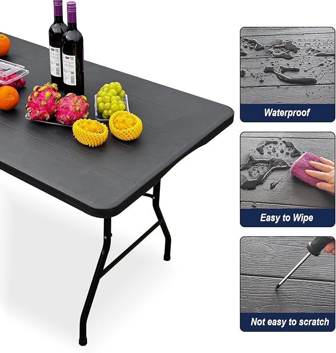 70.8" W X 29" D X 29" H - 6 ft Folding Table Black Wood Grain Portable Heavy - Image 6