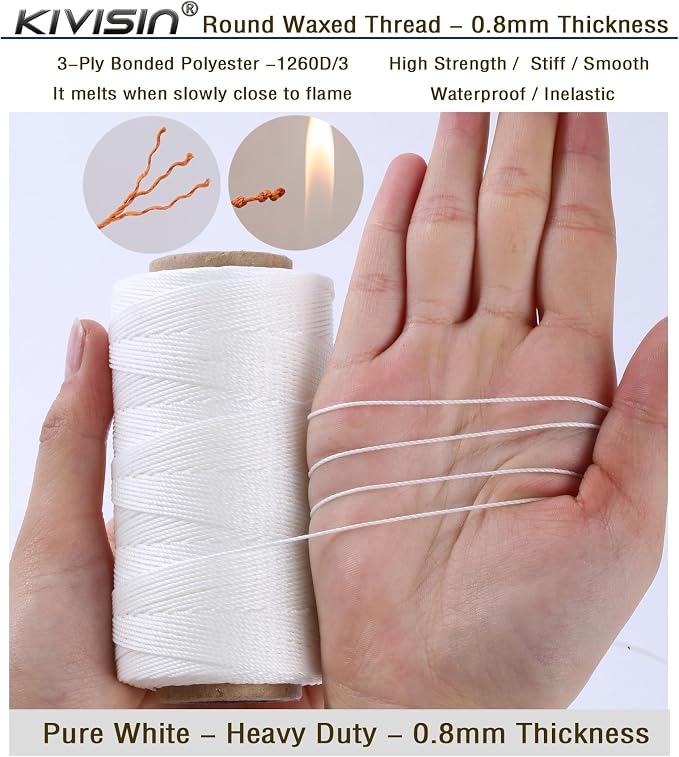 Bonded 0.8mm Round Waxed Polyester Cord, 3-ply Wax Coated Thread, 197 Yards - Image 3