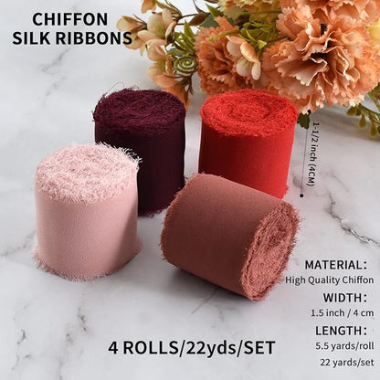 TONIFUL 4 Rolls Silk Chiffon Ribbon, 1-1/2 Inch x 22yds, Handmade Fringe Silk - Image 2
