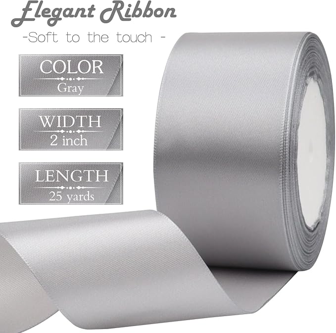 Gray Solid Satin Ribbon 2 Inch 25 Yards Solid Polyester Fabric Ribbon - Image 3