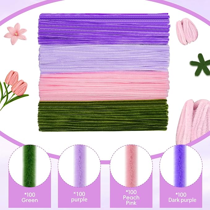 400 Pcs Chenille Stems Flowers Craft Kit, 4 Colors Soft Pipe Cleaners Bulk - Image 6