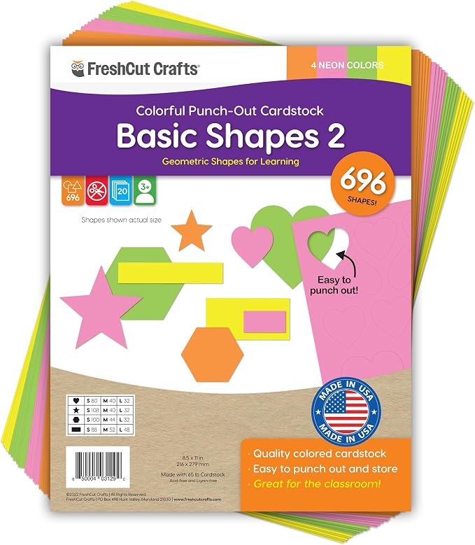 Basic Shapes 2: Hearts, Rectangles, 696 Pieces US Made Card Stock Punch Out by FreshCutCrafts