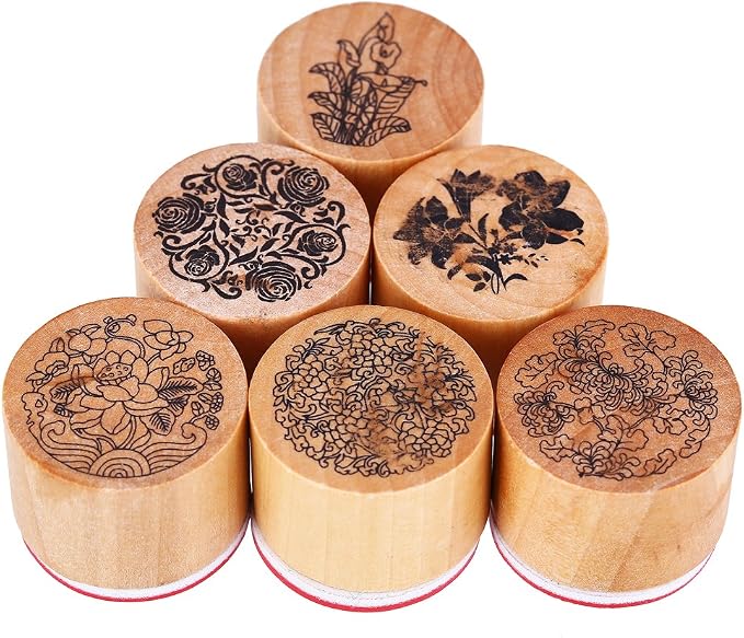 CCINEE 6pcs Round Rubber Stamps Floral Pattern Wooden Stamps - Image 3