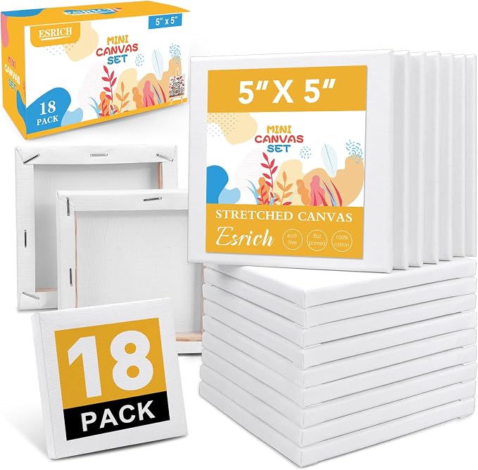 ESRICH Mini Canvases for Painting, 5x5In Canvas in Bulk 18Pack, 2/5In Profile by ESRICH