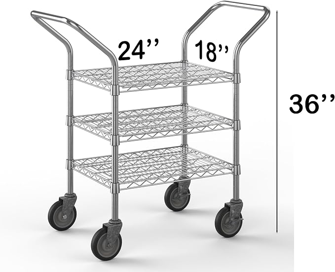18" W x 24" L x 36" H Chrome Heavy Duty Utility Cart | 3-Tier | NSF Commercial - Image 2