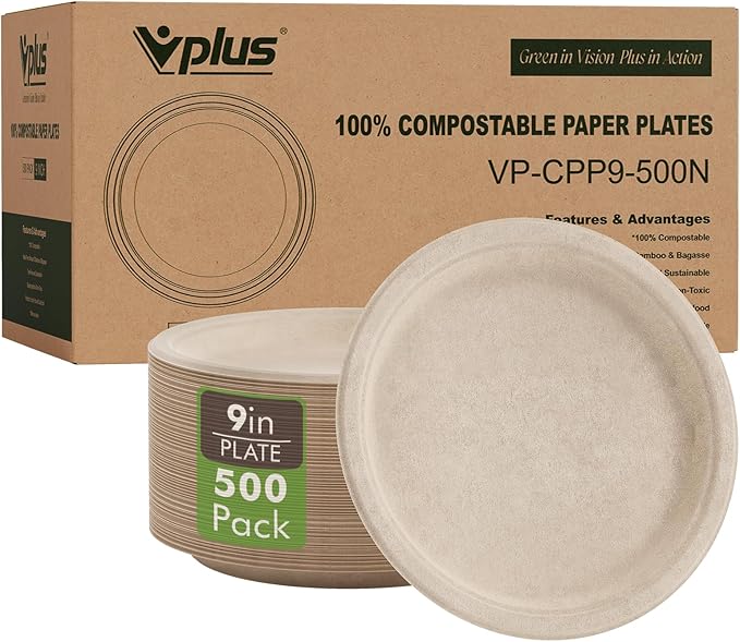 Vplus 500 Pack Paper Plates 9 inch 100% Compostable, Heavy-Duty Disposable by Vplus
