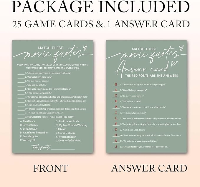 Bridal Shower Games Cards, Match These Movie Quotes, 25 Game Cards - Image 2