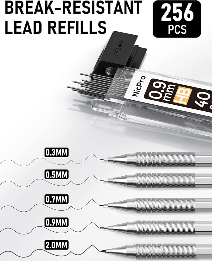 Nicpro Metal Mechanical Pencil Set, 0.9 mm & 2mm Graphite Lead Holder - Image 5
