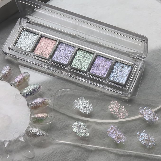 Iridescent Nail Glitter Set, 6 Colors Mud Texture Aurora Chrome Powder - Image 3