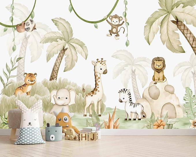 AFZEVEB-Safari Wallpaper Watercolor Animal Nursery Wall murals by all
