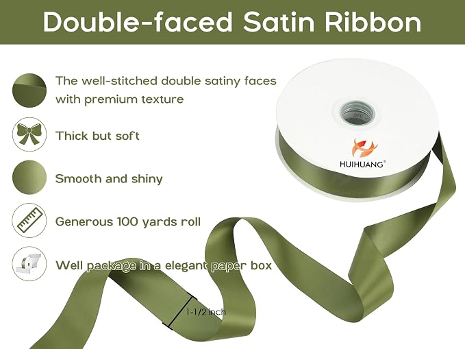HUIHUANG Green Satin Ribbon 1-1/2 inch x 100 Yards Moss Green Double-Faced - Image 2