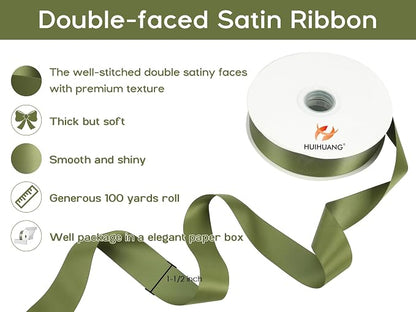 HUIHUANG Green Satin Ribbon 1-1/2 inch x 100 Yards Moss Green Double-Faced - Image 2