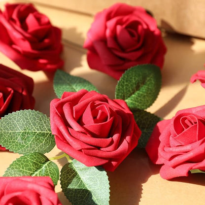 AmyHomie Artificial Flower Dark Red Rose 25pcs Real Looking Fake Roses w/Stem - Image 4