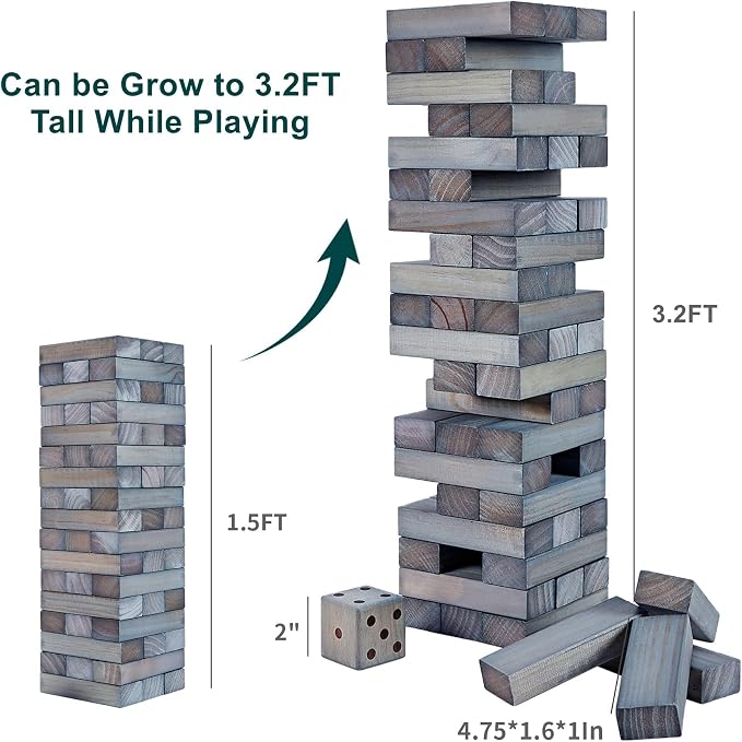ApudArmis 54 PCS Tumble Timber Set Up to 3.2FT, Pine Wooden Tumble Tower Game - Image 3