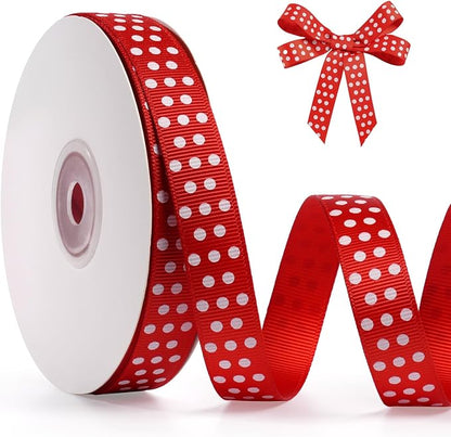 Polka Dot Grosgrain Ribbon 5/8 Inch, 25 Yards Spool Red and White Dot Craft by FAKILO