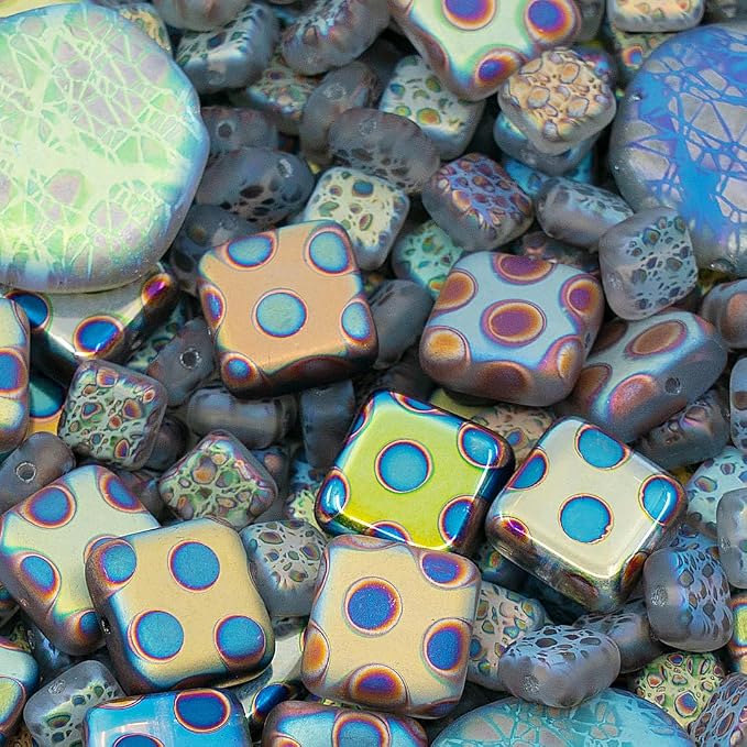1.75 oz Mix of Unique Czech Bohemia Glass Pressed Beads, Light Blue AB Sliperit - Image 3