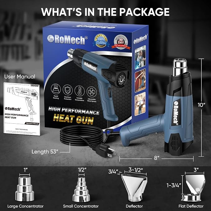 ROMECH 1500W Heavy Duty Heat Gun, Variable Temperature Control Hot Air Gun Kit - Image 7