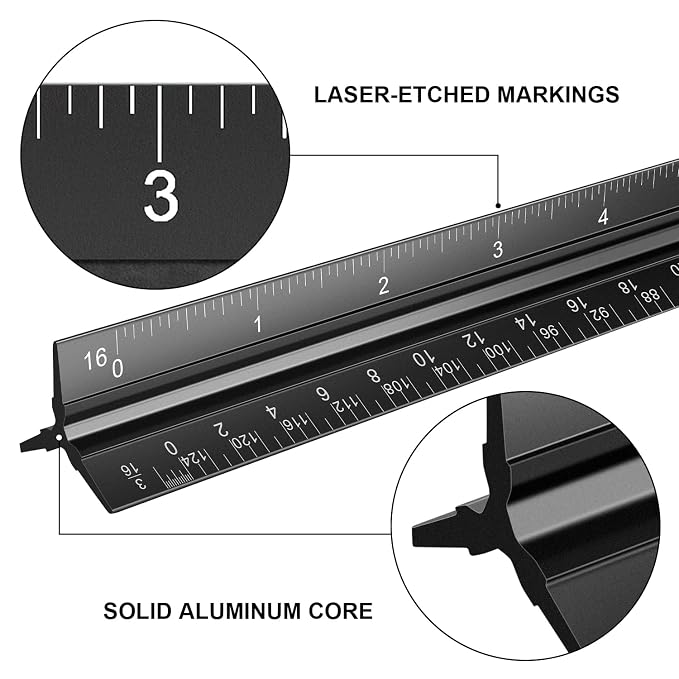 Architectural Scale Ruler, 12 Inch Aluminium Architect Scale Ruler, Imperial - Image 3