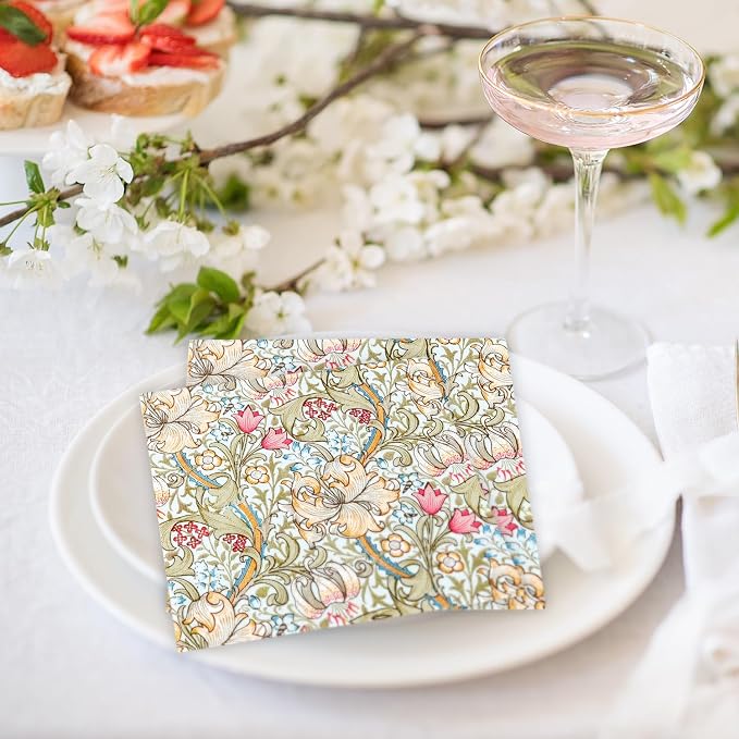 Quera 50 Pack William Morris Cocktail Napkins Golden Lily White Paper Napkins - Image 6