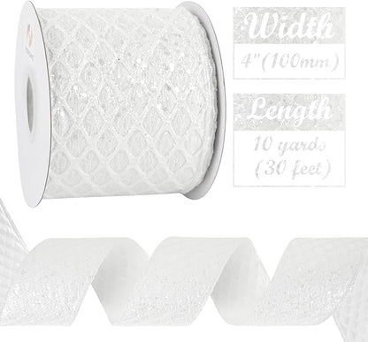 HUIHUANG White Glitter Wired Ribbon, 4 Inch x 30 Ft, Geometric Pattern - Image 3