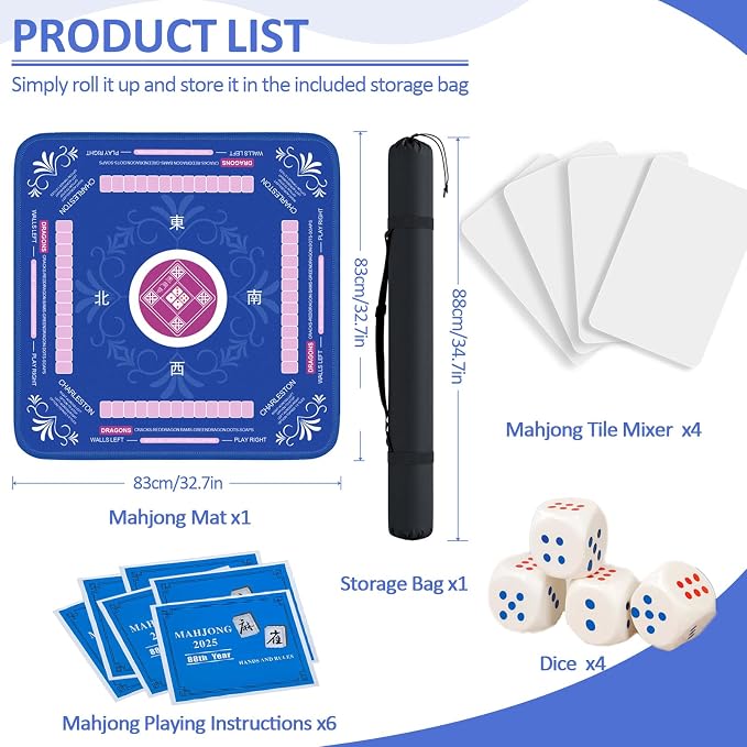 Mahjong Mat with Rules for Table with 6 Mahjong Playing Instructions, 4 Mahjong - Image 2