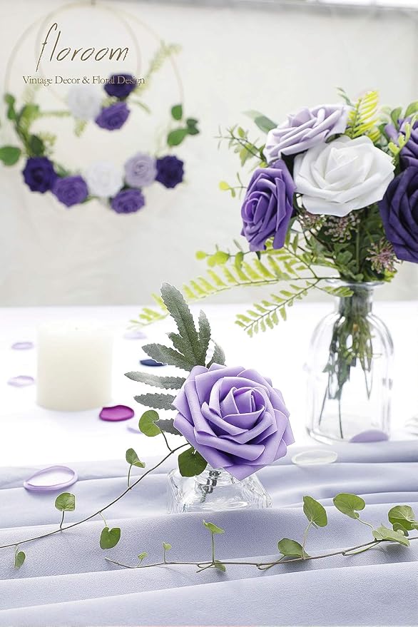 Floroom Artificial Flowers 25pcs Real Looking Violet Purple Ombre Colors Foam - Image 2