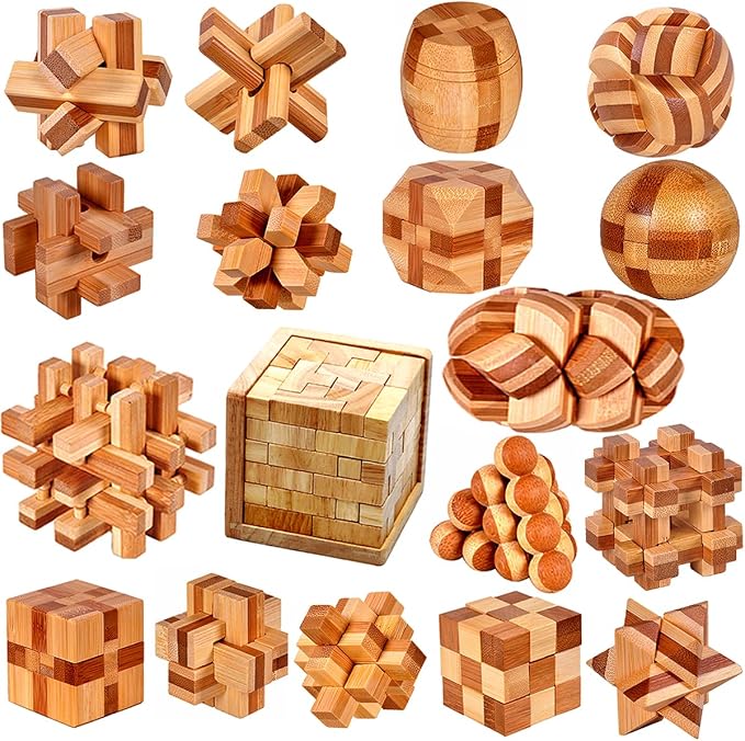 18 Pack Wooden Brain Teaser Puzzles Stress Relief Toys Wooden Burr Puzzles by Ahyuan