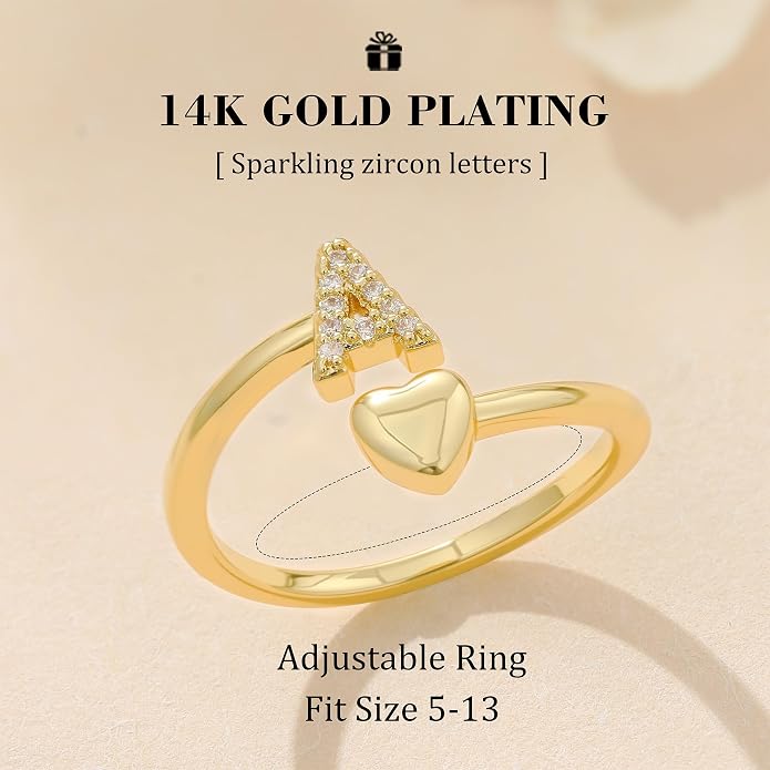 Gold Initial Rings for Women Girls, Dainty 14K Gold Plated Adjustable Initial - Image 6