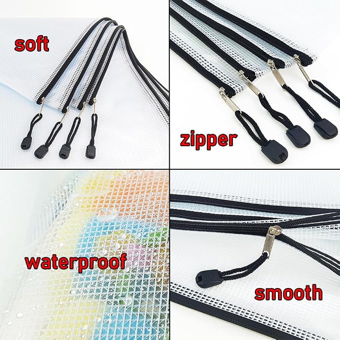 AUSTARK 10 Pcs Zipper File Bags, Waterproof Plastic Mesh Pouch - Image 3