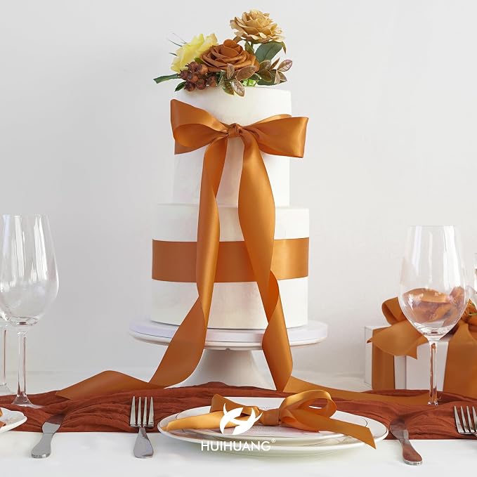 HUIHUANG Burnt Orange Ribbon 2 inch Wide Double-Faced Orange Satin Silk Ribbon - Image 6
